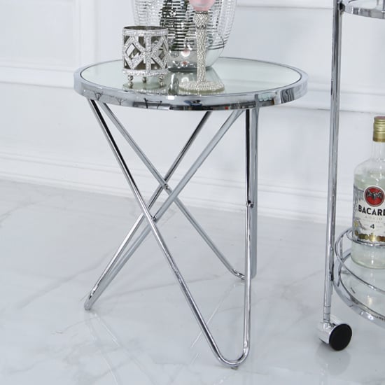 Aurora Clear Mirrored Top End Table Round In Silver Furniture in Fashion