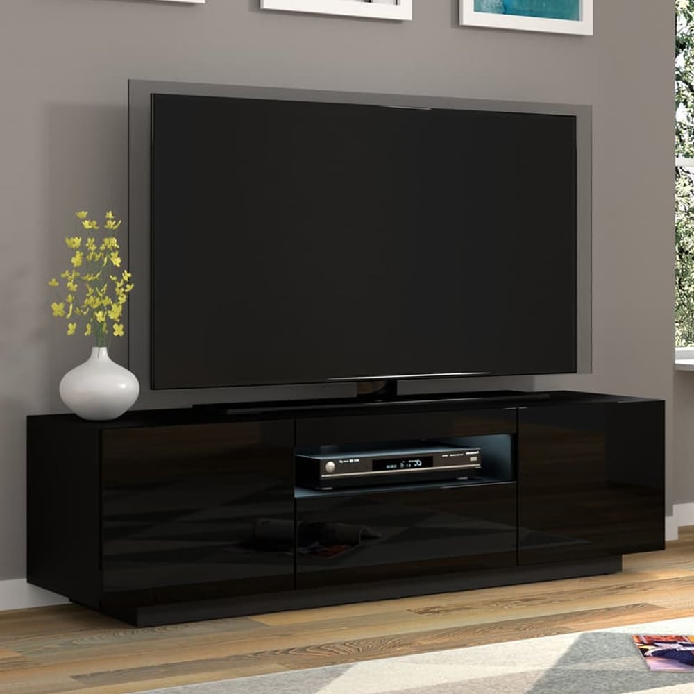 Aurora High Gloss TV Stand With 3 Doors In Black And LED