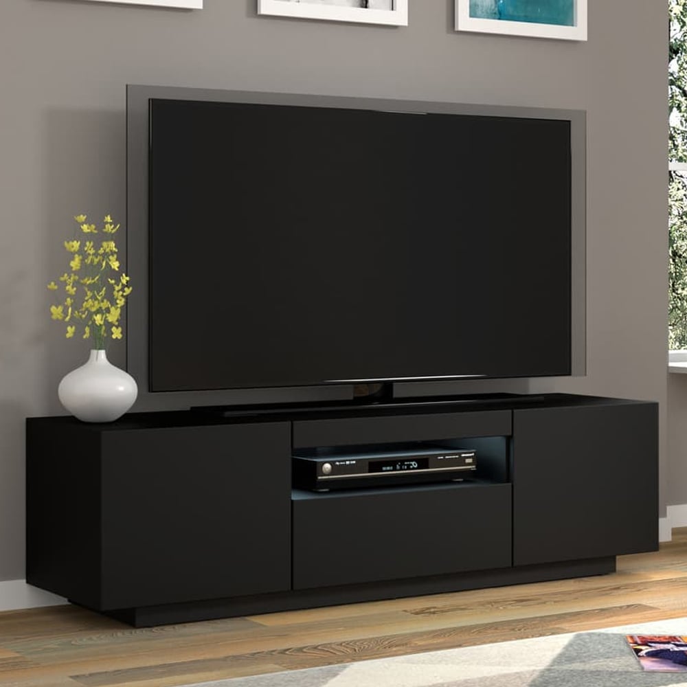 Aurora Wooden TV Stand With 3 Doors In Matt Black And LED