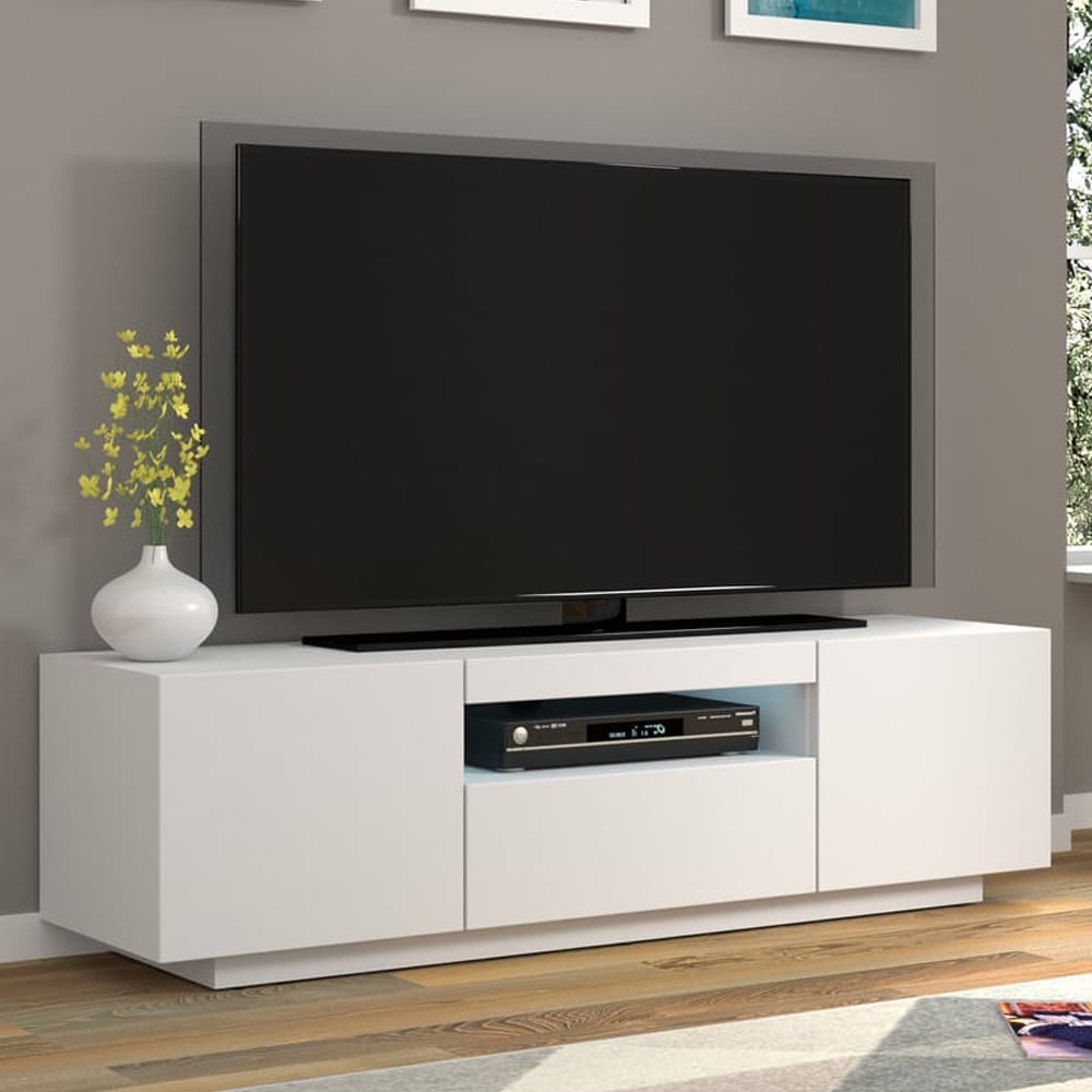 Aurora Wooden TV Stand With 3 Doors In Matt White And LED