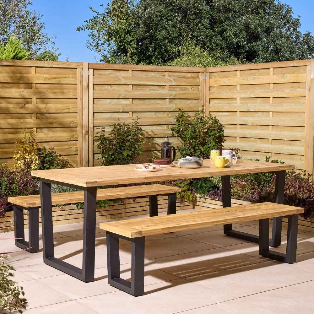 Aurum Large Wooden Garden 6 Seater Dining Set with Bench in Natural and Black