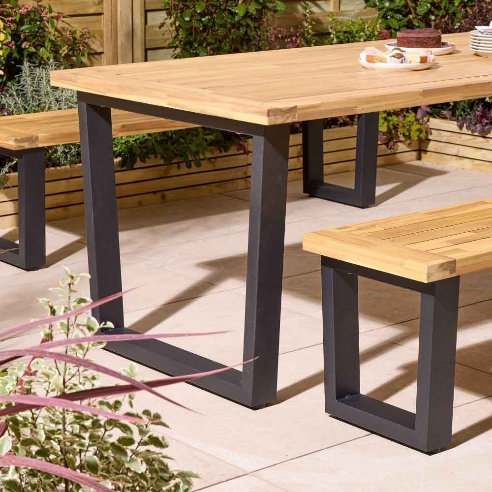 Aurum Large Wooden Garden 6 Seater Dining Set with Bench in Natural and Black