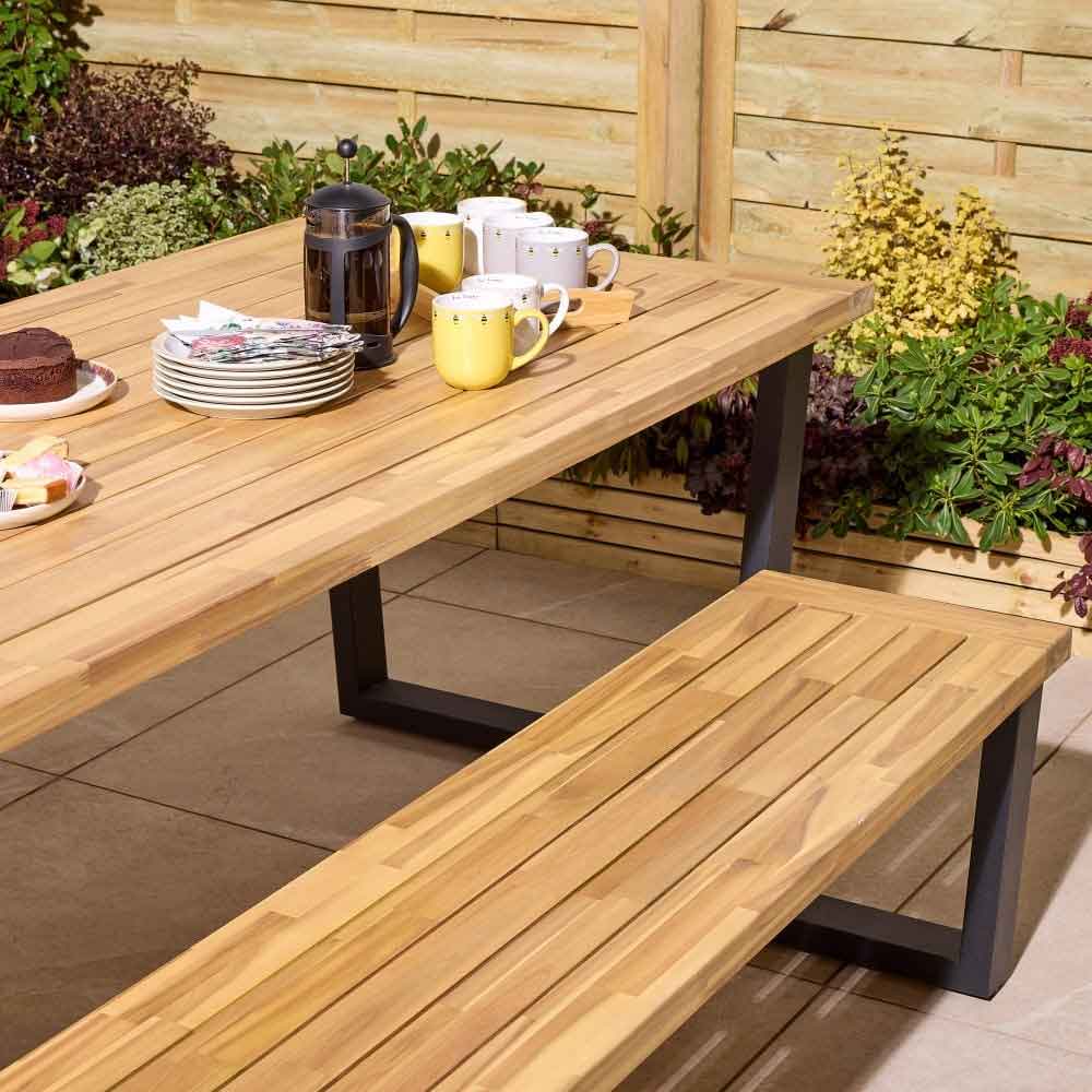 Aurum Large Wooden Garden 6 Seater Dining Set with Bench in Natural and Black