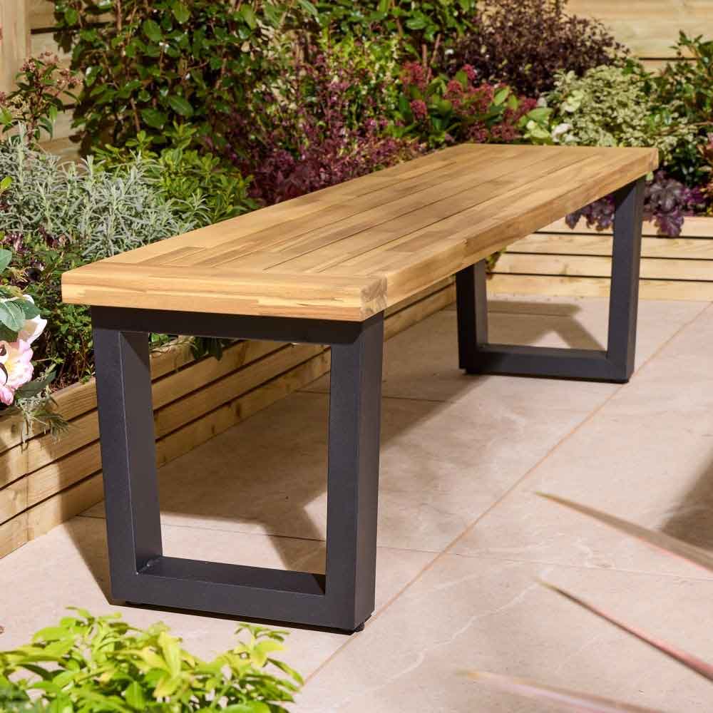 Aurum Large Wooden Garden 6 Seater Dining Set with Bench in Natural and Black
