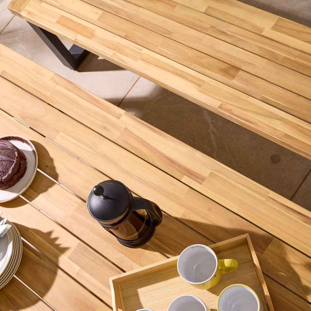 Aurum Large Wooden Garden 6 Seater Dining Set with Bench in Natural and Black