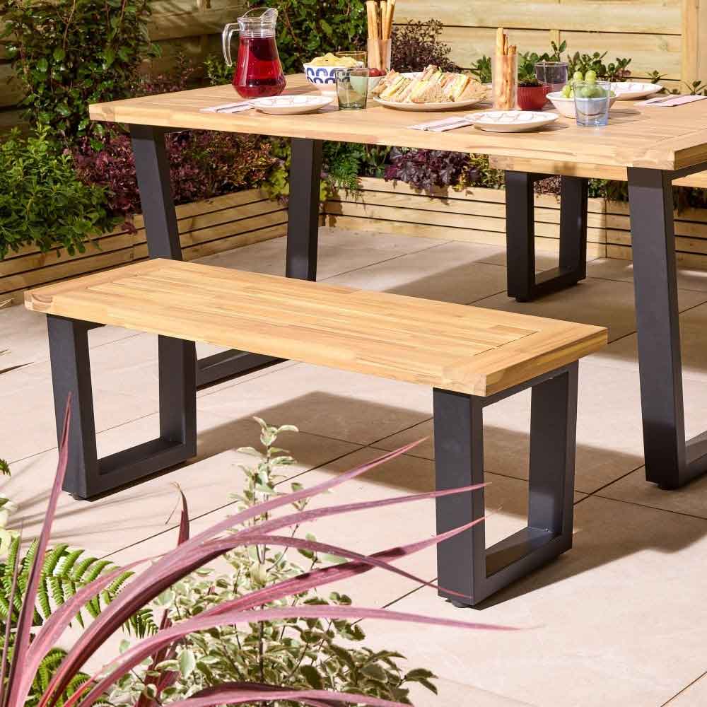 Aurum Wooden Garden 4 Seater Dining Set with Bench in Natural and Black