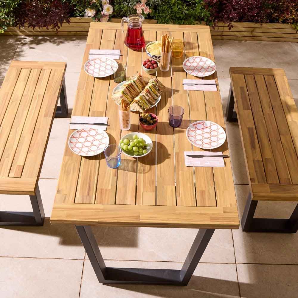Aurum Wooden Garden 4 Seater Dining Set with Bench in Natural and Black