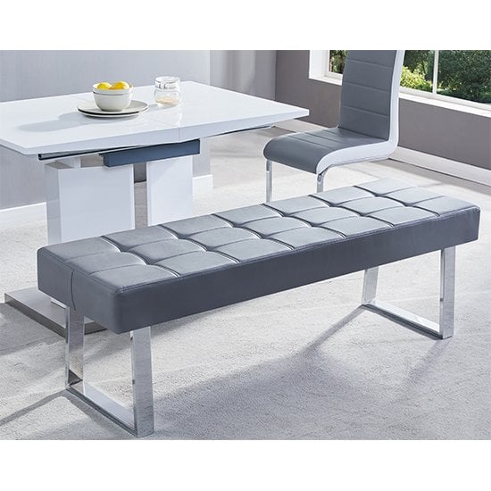 Austin Dining Bench Large In Grey Faux Leather With Chrome Base_1