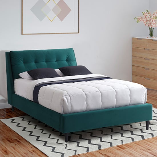 Ava Velvet Upholstered Double Bed In Green