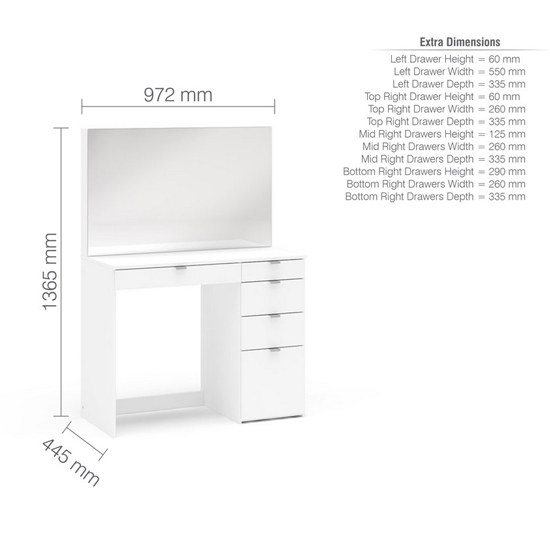 Ava Wooden Dressing Table With 5 Drawers And Mirror In White_5