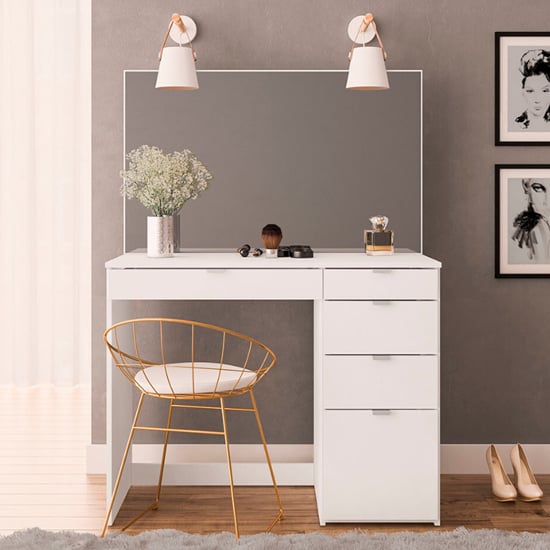 Ava Wooden Dressing Table With 5 Drawers And Mirror In White_1