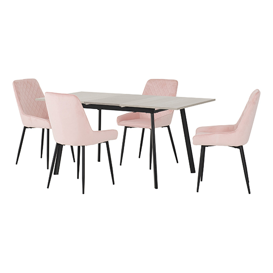 Read more about Avah extending concrete effect dining table 4 avah pink chairs