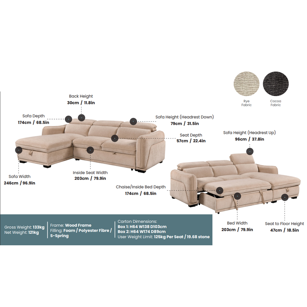 Avani Fabric Left-Handed Sofa Bed in Rye