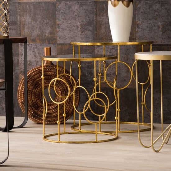 Avanto Round Glass Set of 2 Side Tables With Circle Gold Frame_4