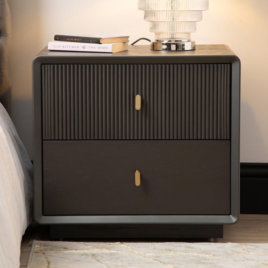 Aveiro Wooden Bedside Cabinet With 2 Drawers In Smoked Grey Elm