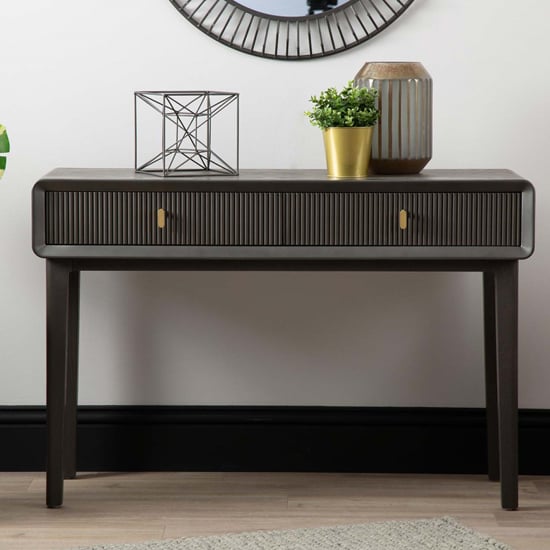 Product photograph of Aveiro Wooden Console Table With 2 Drawers In Smoked Grey Elm from Furniture in Fashion