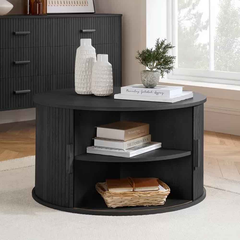 Avenel Round Wooden Fluted Coffee Table with Storage in Black