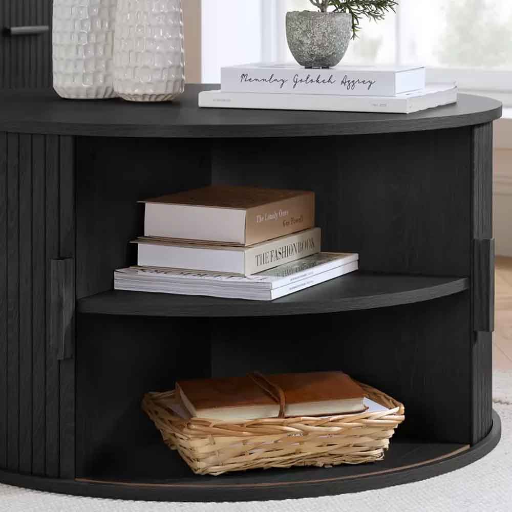 Avenel Round Wooden Fluted Coffee Table with Storage in Black