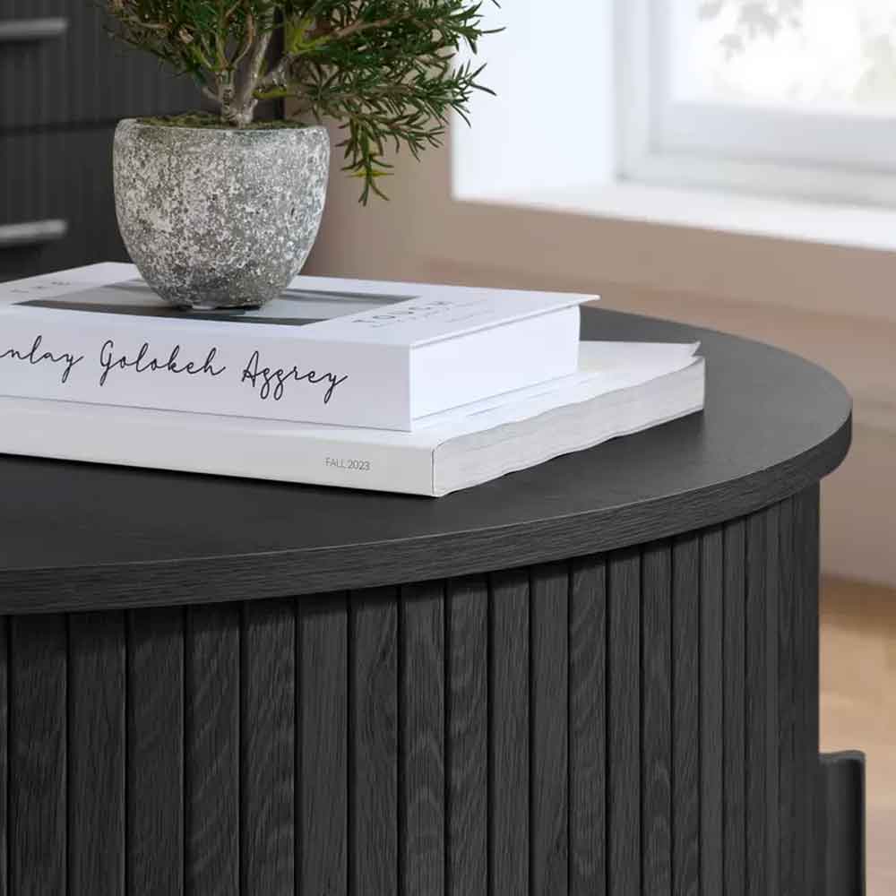 Avenel Round Wooden Fluted Coffee Table with Storage in Black