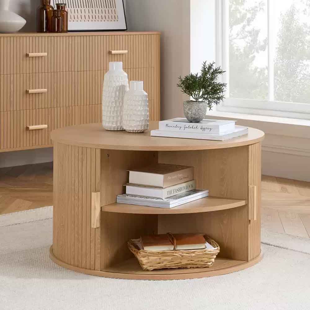 Avenel Round Wooden Fluted Coffee Table with Storage in Oak