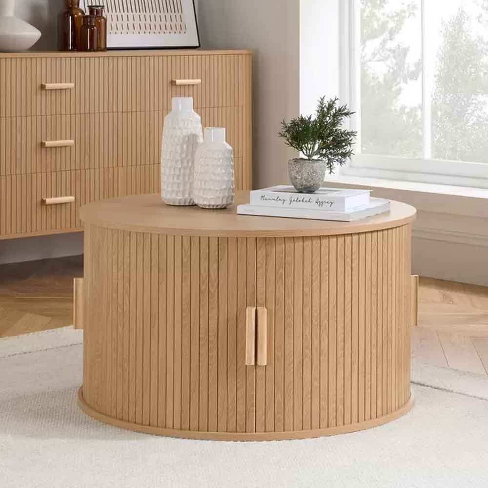 Avenel Round Wooden Fluted Coffee Table with Storage in Oak
