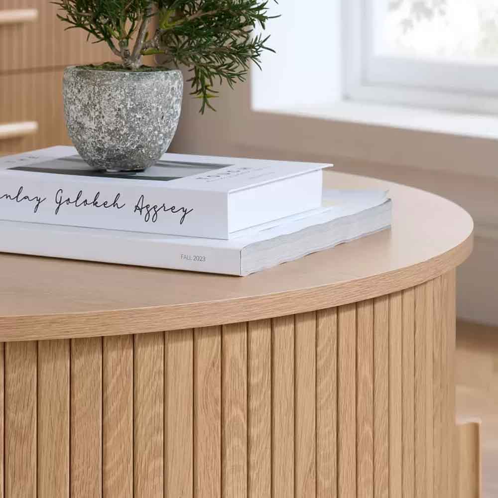 Avenel Round Wooden Fluted Coffee Table with Storage in Oak