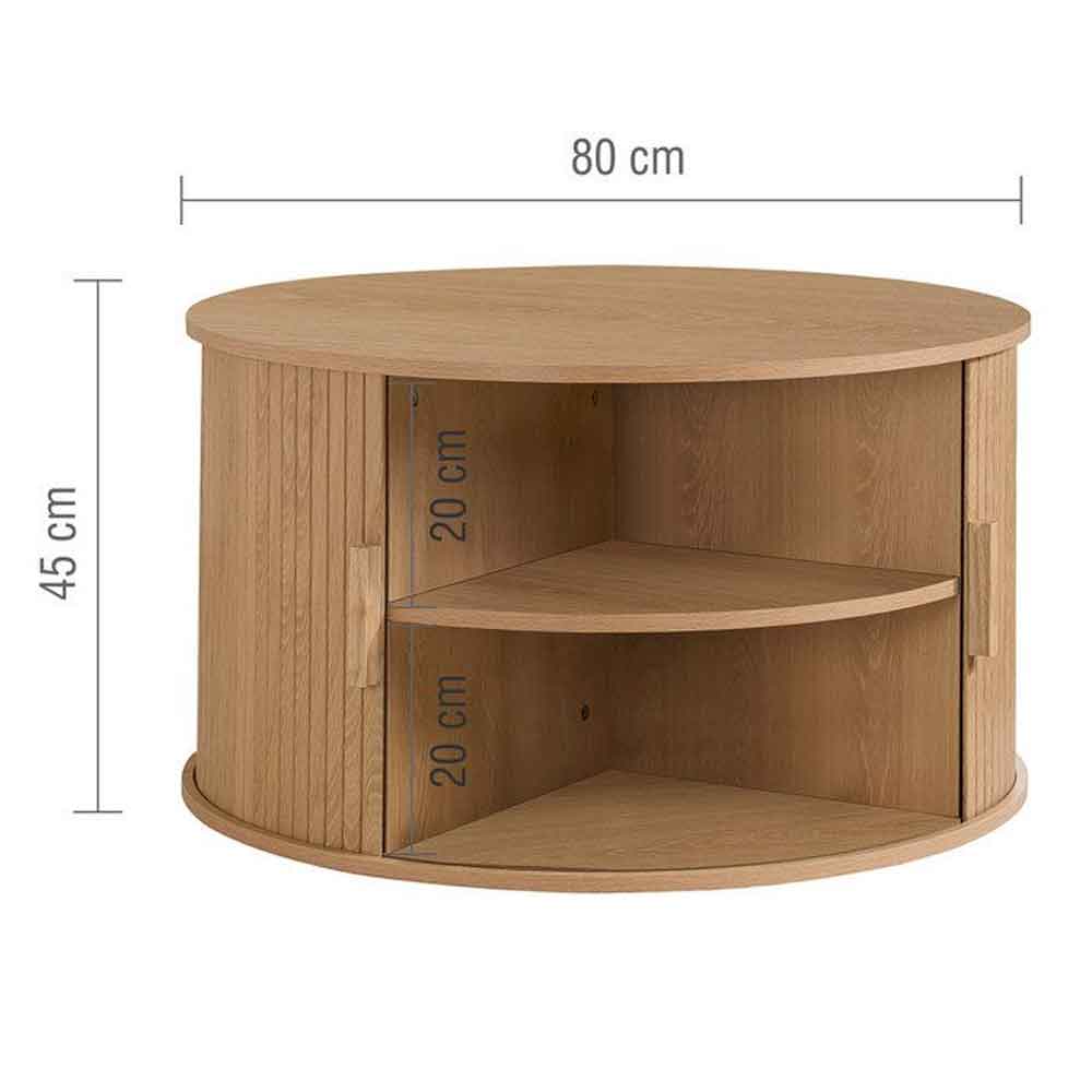 Avenel Round Wooden Fluted Coffee Table with Storage in Oak