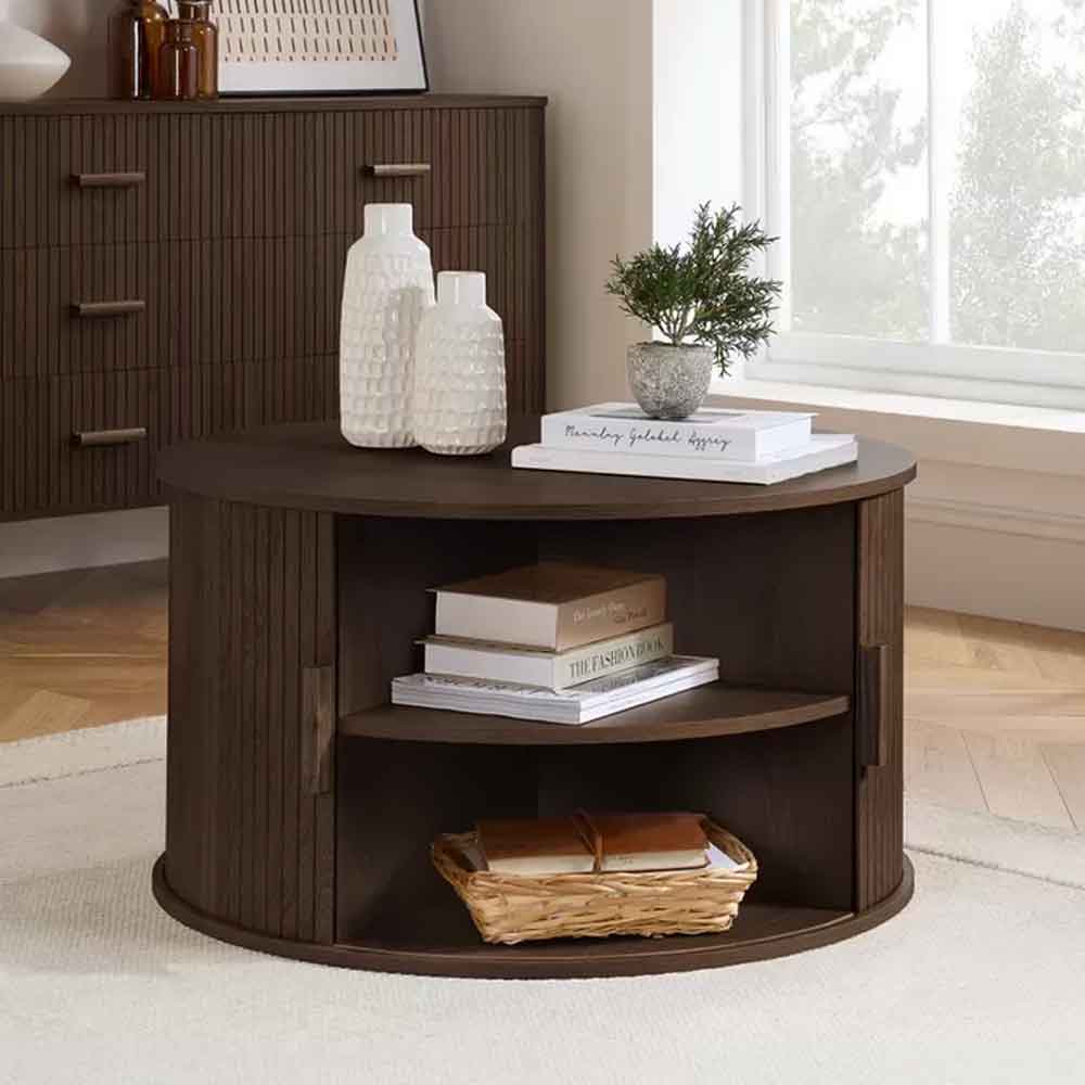 Avenel Round Wooden Fluted Coffee Table with Storage in Walnut
