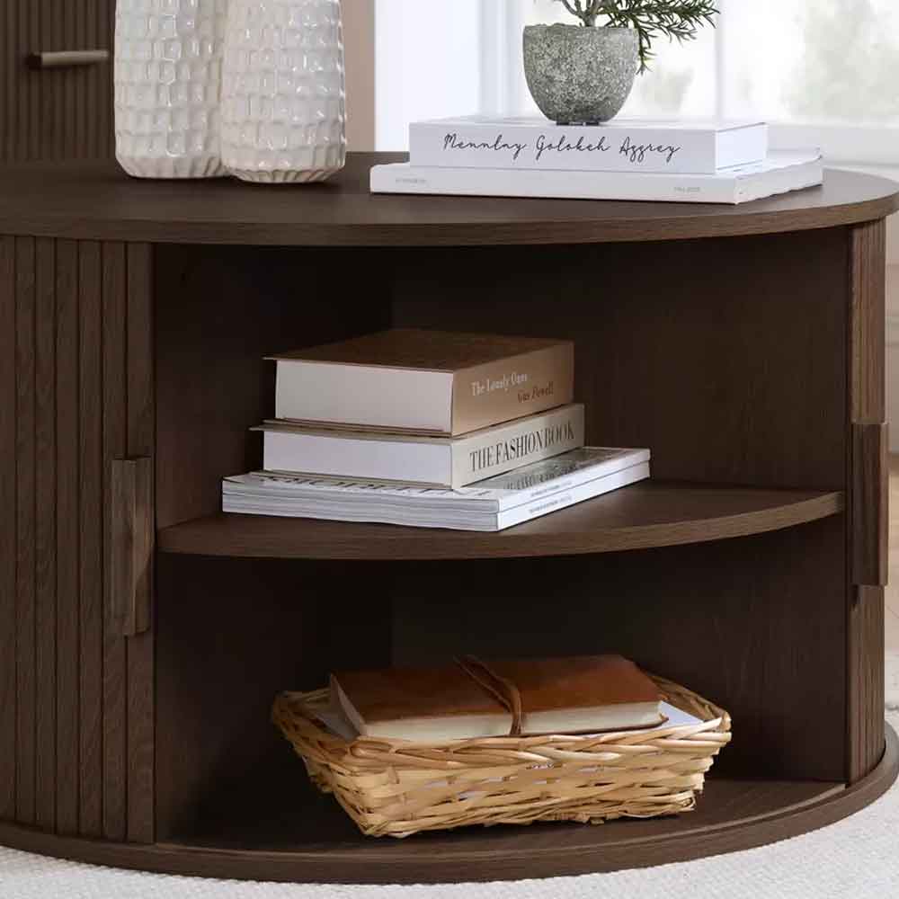 Avenel Round Wooden Fluted Coffee Table with Storage in Walnut