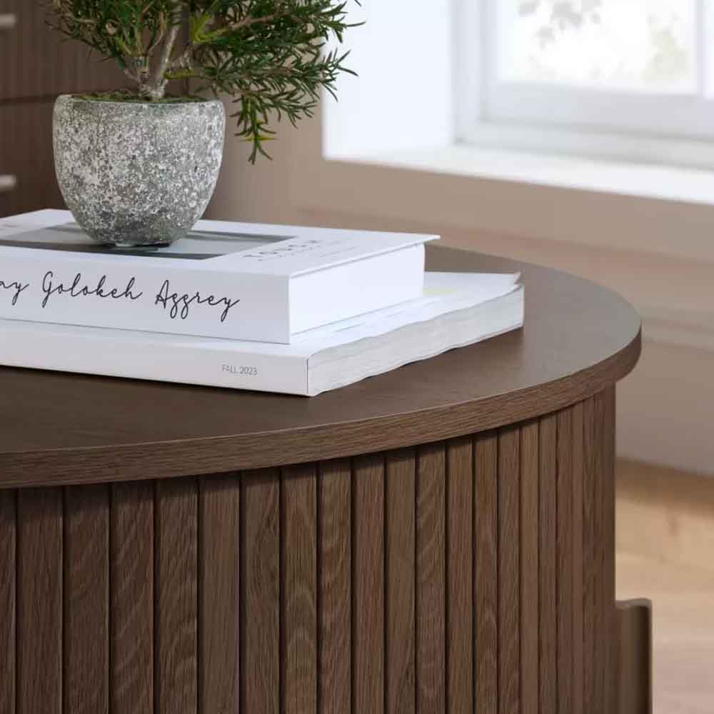 Avenel Round Wooden Fluted Coffee Table with Storage in Walnut