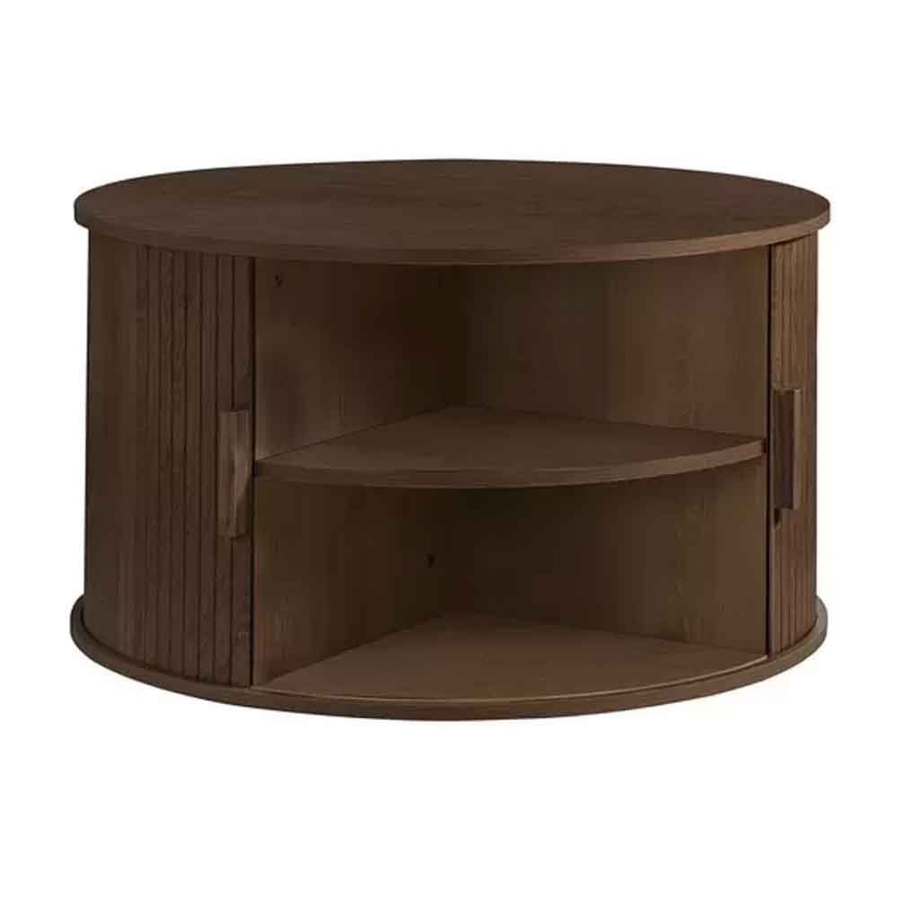 Avenel Round Wooden Fluted Coffee Table with Storage in Walnut