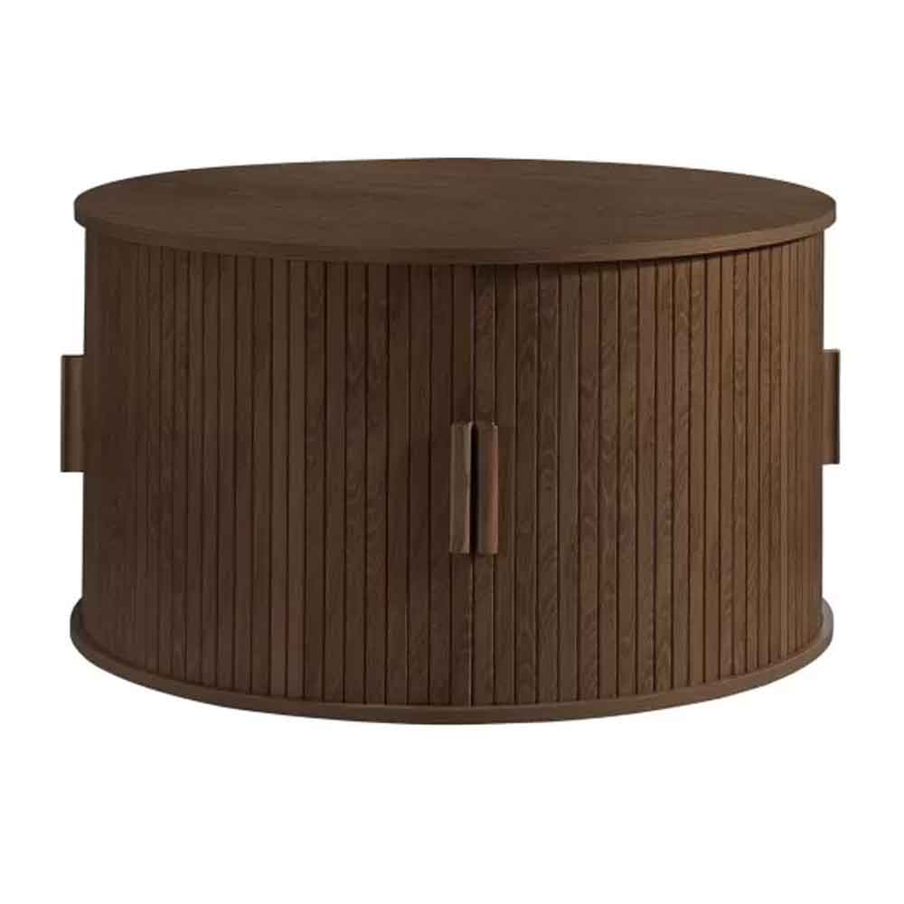Avenel Round Wooden Fluted Coffee Table with Storage in Walnut
