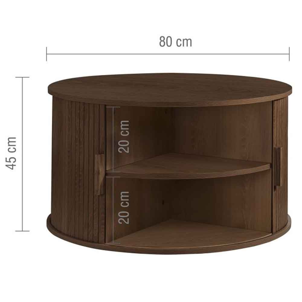 Avenel Round Wooden Fluted Coffee Table with Storage in Walnut