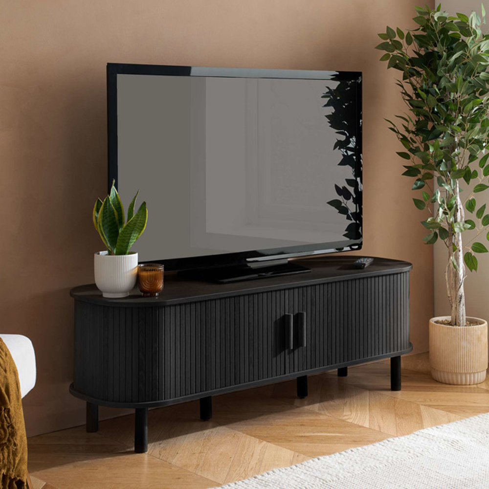 Avenel Small Wooden Fluted TV Stand with 2 Sliding Doors in Black