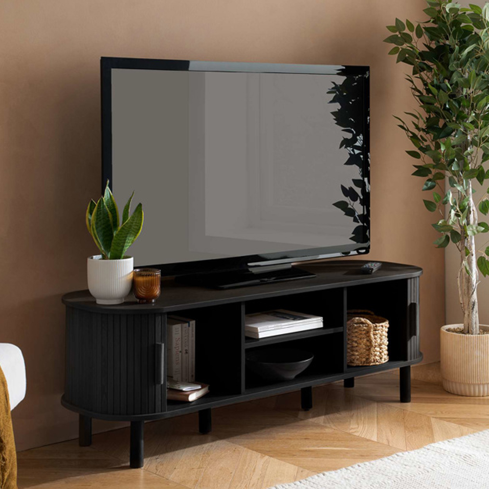 Avenel Small Wooden Fluted TV Stand with 2 Sliding Doors in Black
