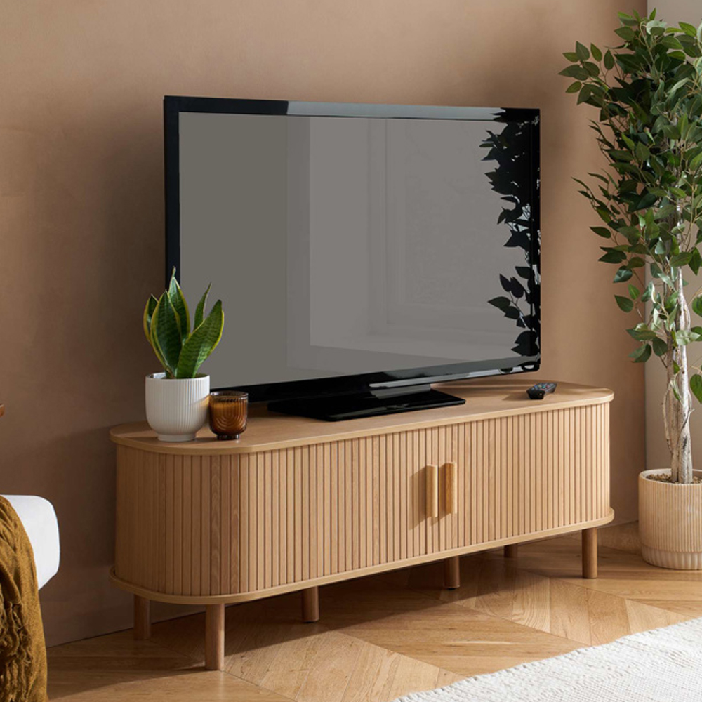 Avenel Small Wooden Fluted TV Stand with 2 Sliding Doors in Oak
