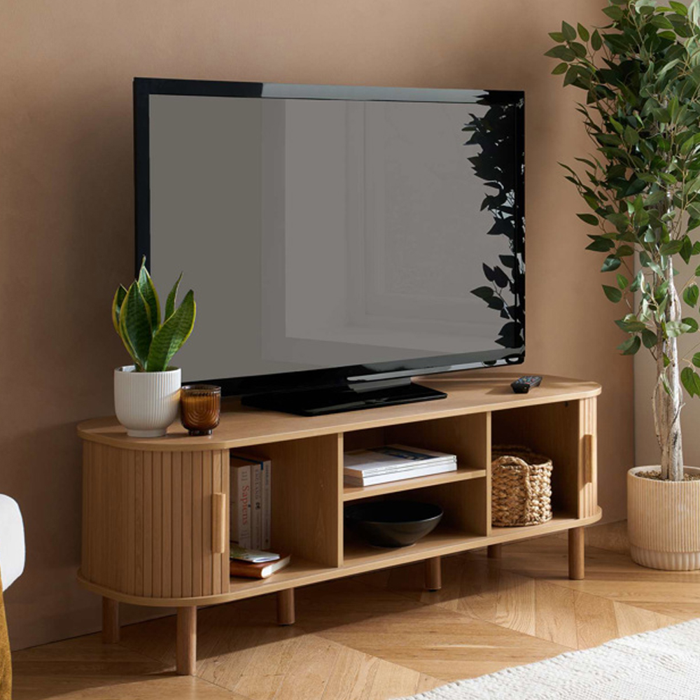 Avenel Small Wooden Fluted TV Stand with 2 Sliding Doors in Oak