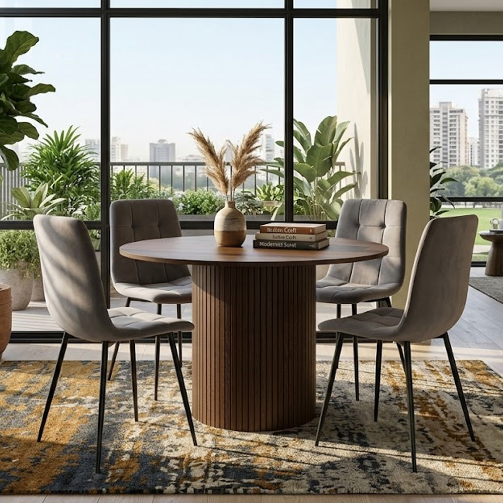 Avenel Walnut Round Wooden Fluted Dining Table with 4 Grey Chairs