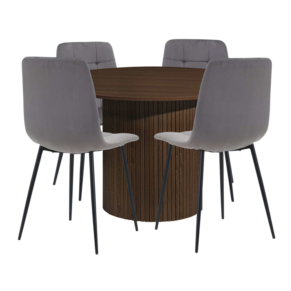 Avenel Walnut Round Wooden Fluted Dining Table with 4 Grey Chairs
