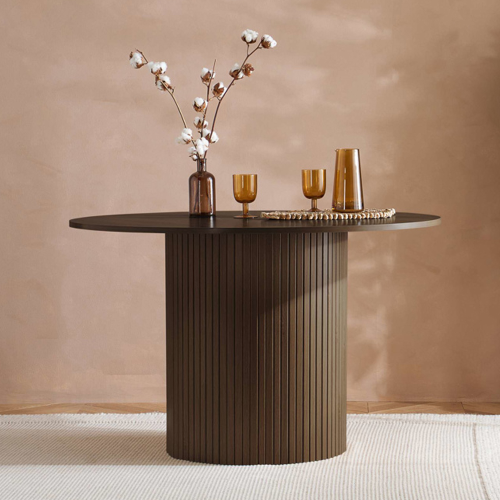 Avenel Walnut Round Wooden Fluted Dining Table with 4 Grey Chairs