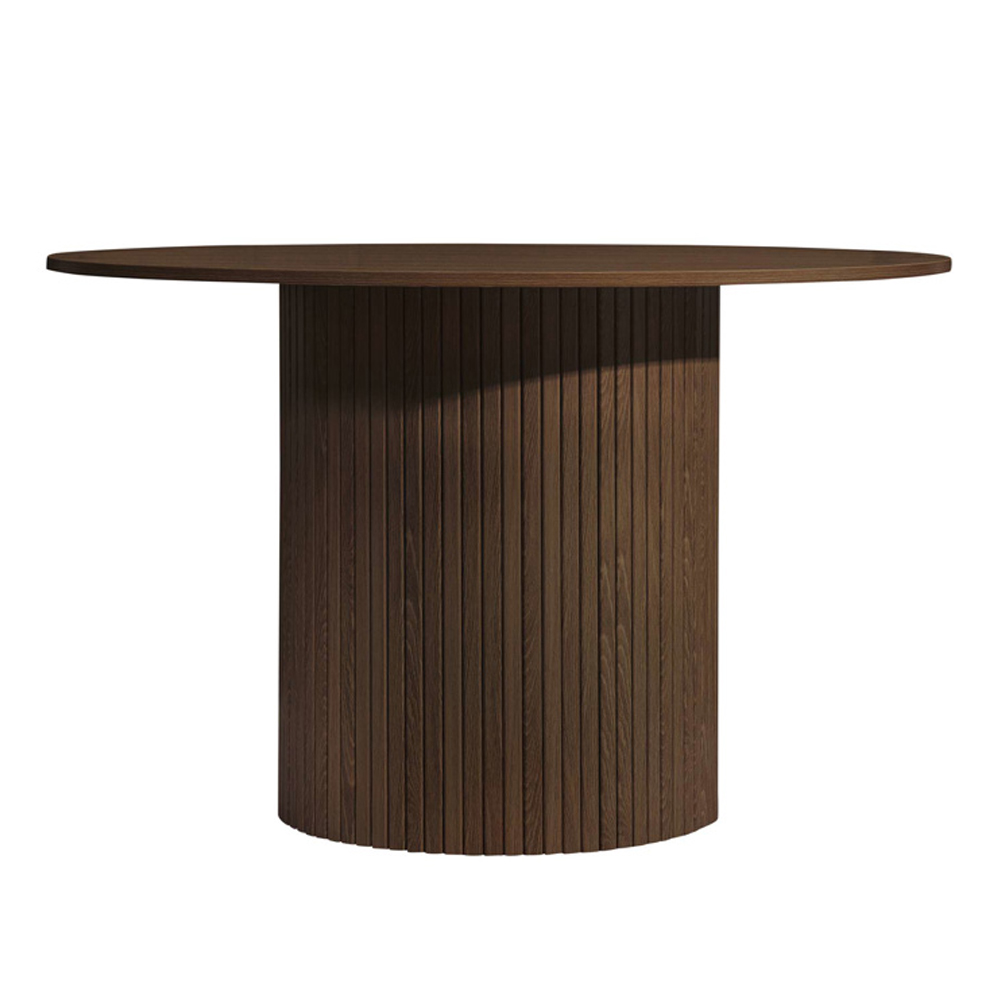 Avenel Walnut Round Wooden Fluted Dining Table with 4 Grey Chairs