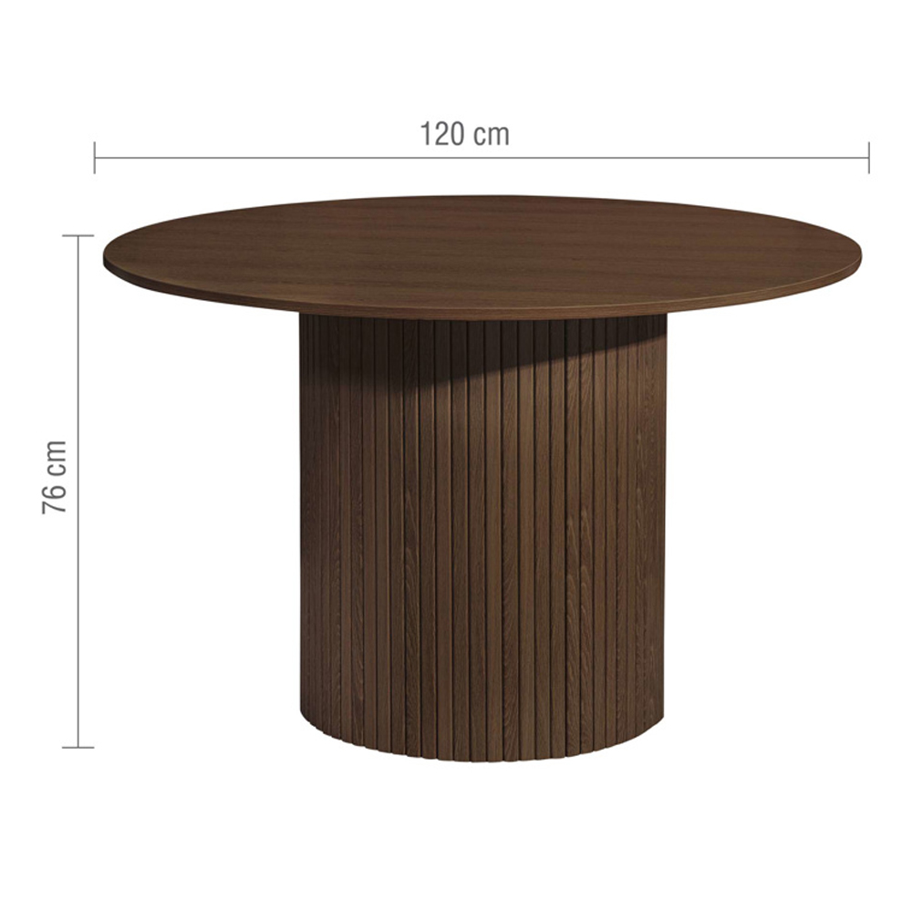 Avenel Walnut Round Wooden Fluted Dining Table with 4 Grey Chairs