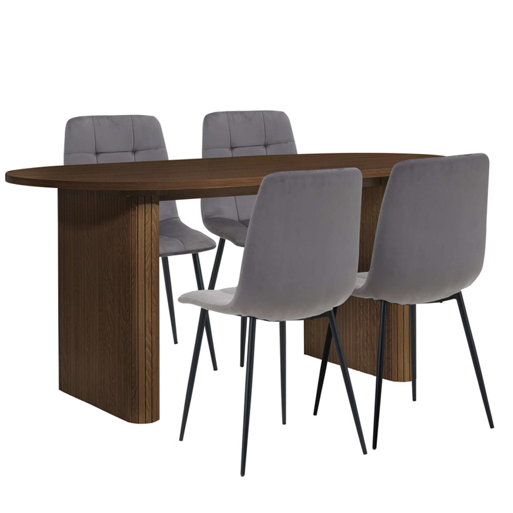 Avenel Walnut Wooden Fluted Dining Table with 4 Grey Chairs