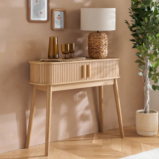 Read more about Avenel wooden console table with 2 sliding doors in oak