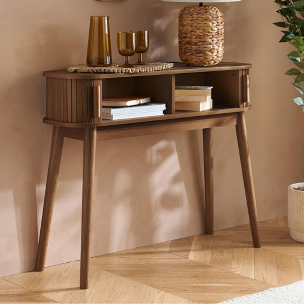 Avenel Wooden Console Table With 2 Sliding Doors In Walnut