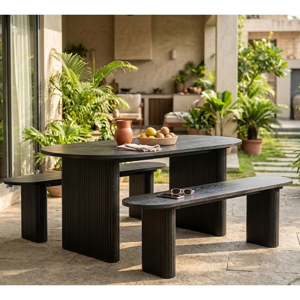 Avenel Wooden Fluted Dining Table with 2 Benches in Black