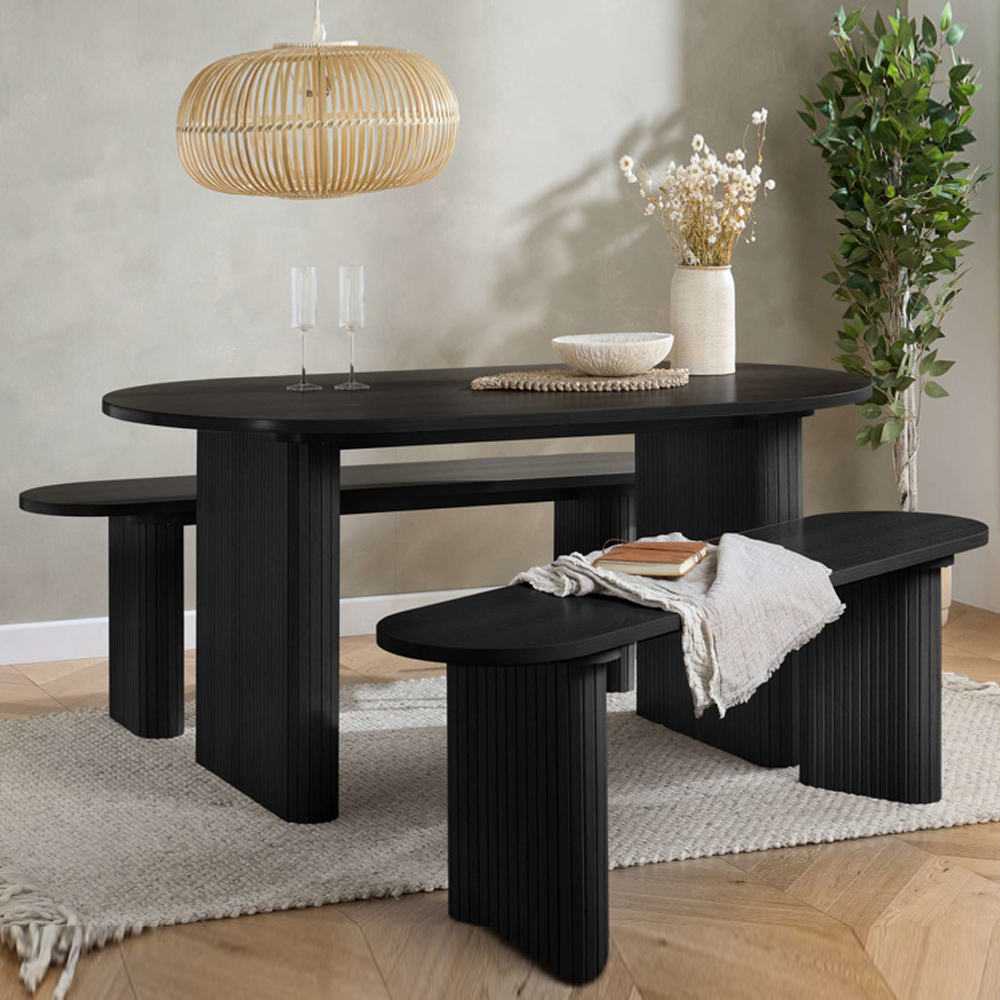 Avenel Wooden Fluted Dining Table with 2 Benches in Black