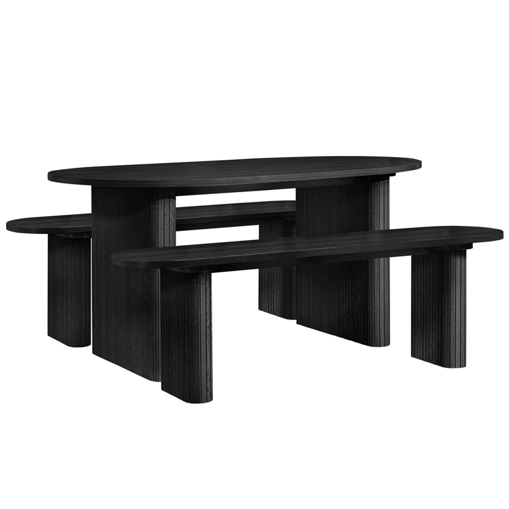 Avenel Wooden Fluted Dining Table with 2 Benches in Black