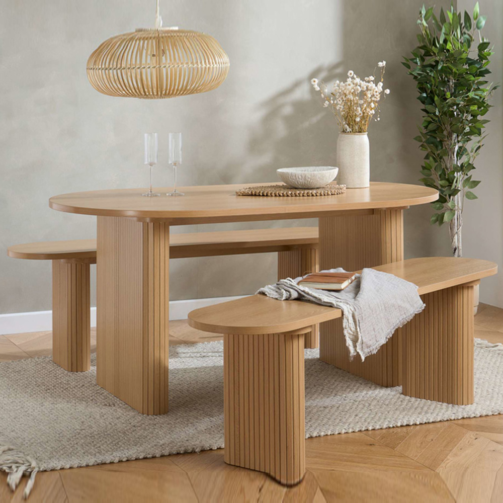 Avenel Wooden Fluted Dining Table with 2 Benches in Oak