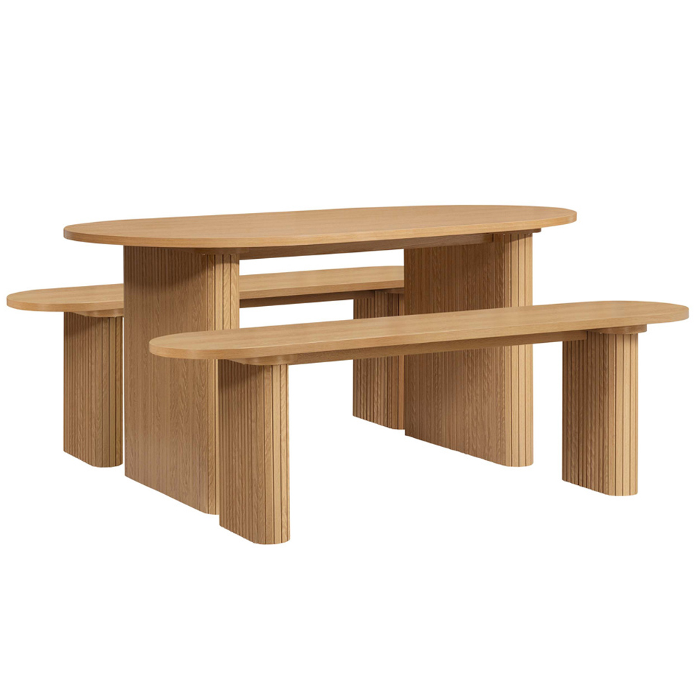 Avenel Wooden Fluted Dining Table with 2 Benches in Oak